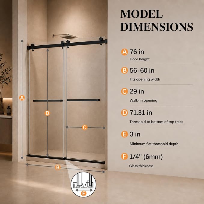 Frosted Sliding Shower Door, 56-60" W x 76" H-1/4” (6mm), Frosted Glass Shower Door with 4" Left Adjustable Width, 304 Stainless Steel Hardware, Quiet Rollers, Bottom Water Seal, Matte Black