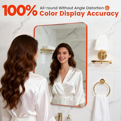 24"x 28" Matte Orange Bathroom Mirror Wall Mounted, Matte Aluminum Alloy Frame with Rounded Corners, Shatterproof Tempered Glass, Anti-Rust HD Vanity Mirror for Bathroom, Bedroom, Entryway