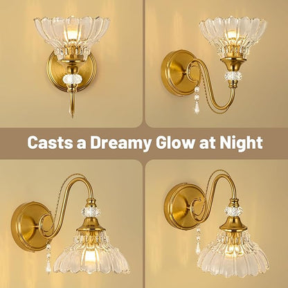 1 Piece Vintage Wall Sconce, 1-Light Brushed Gold Finish Wall Sconce with Hanging Crystal Accents and Flower-Shaped Amber Shades for Bathroom Bedroom Living Room,Vintage Vanity Light