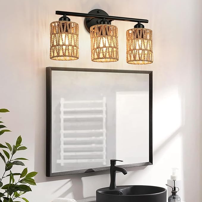 Frideko 3-Light Bathroom Vanity Light Fixtures, Modern Rattan Bathroom Lighting Fixtures Over Mirror, Boho Wall Sconces with Woven Lampshade, Black Wall Lamp for Farmhouse Living Room Bedroom