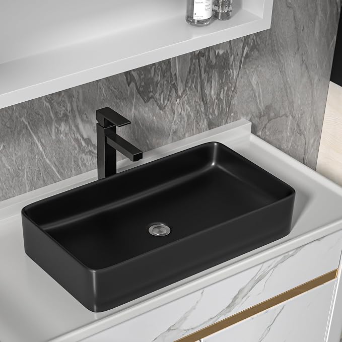 24"x14" Black Bathroom Vessel Sink Rectangular - Matte Black Porcelain Ceramic Rectangle Above Counter Vanity Lavatory Bath Sink Art Basin