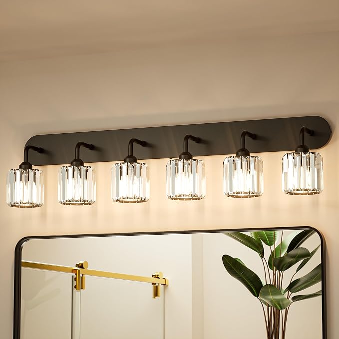 Keonjinn 6-Light Black Crystal Bathroom Light Fixtures Over Mirror | Vanity Lighting Fixture with Crystal Square Shades, Dimmable, Modern Style, Compatible with E26 Base LED Bulbs (Exclude Bulb)