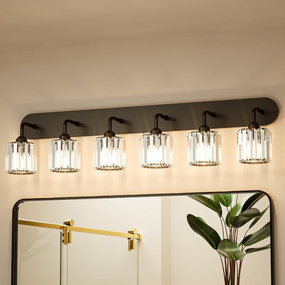 Keonjinn 6-Light Black Crystal Bathroom Light Fixtures Over Mirror | Vanity Lighting Fixture with Crystal Square Shades, Dimmable, Modern Style, Compatible with E26 Base LED Bulbs (Exclude Bulb)