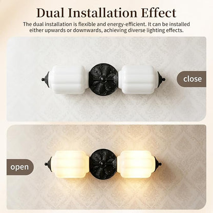 Vintage Milk Glass Bathroom Vanity Light, 2-Light Wall Sconce with Black Antique Base & E12 Bulbs Included, Adjustable 3-Color Temperature for Bedroom, Living Room, Kitchen