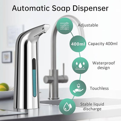 Automatic Liquid Soap Dispenser, 4-Level,13.5oz Touchless | Plastic,400ml Silver Electric Battery Operated Hand & Dish Countertop Soap Dispensers with Sensor for Bathroom,Kitchen Sink