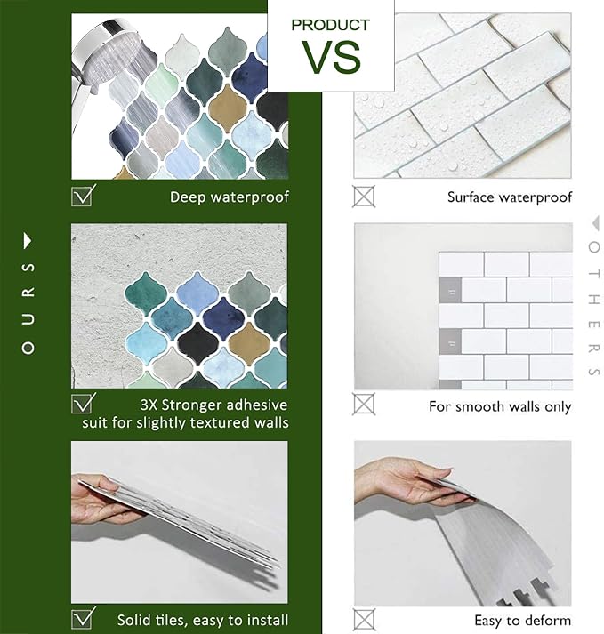 STICKGOO Arabesque Peel and Stick Backsplash, 12”X12” Backsplash Tile for Kitchen Peel and Stick, Self Adhesive Wall Tile Stick on Tiles (Thicker Design, Multicolor Look)