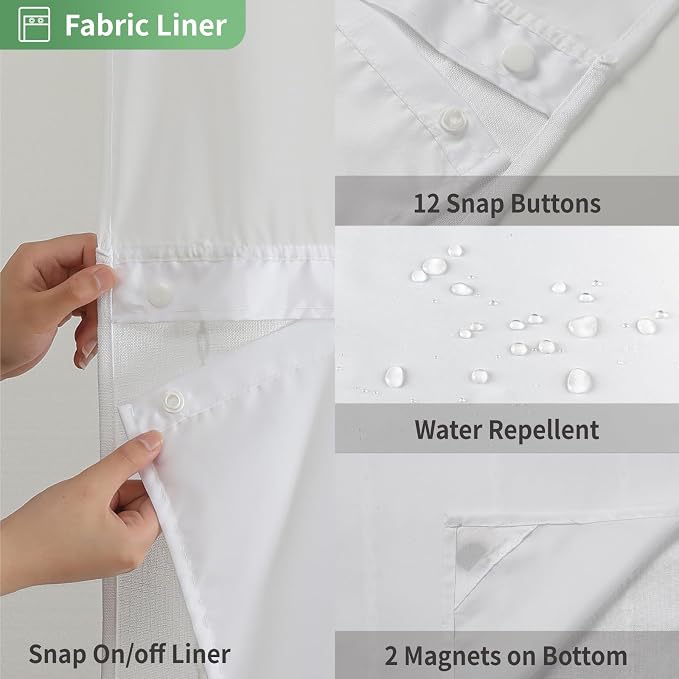 eachope White Farmhouse No Hook Shower Curtain Set with Snap-in Fabric Liner,Boho Heavy-Duty Linen Textured Rustic Striped Design,Water-Repellent with Tassels and Sheer Window,71x74 | Snap-in Liner,330GSM Thick Linen Textured Rustic Striped Design,Wate...