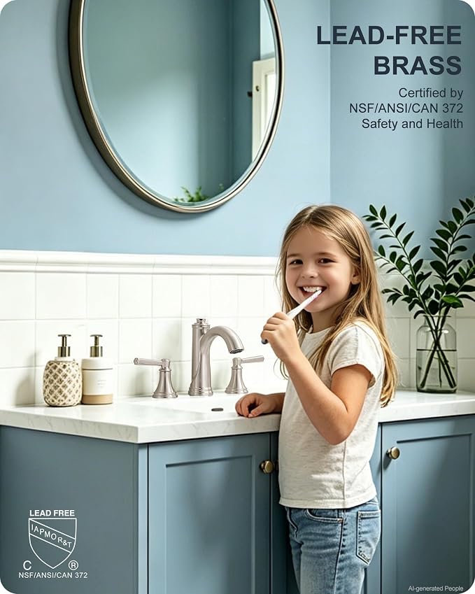 3 Hole Bathroom Faucet Brushed Nickel, 8 Inch 2 Handles with Drain | Lead-Free Brass, Widespread Bathroom Sink Faucet, Pre-installed cUPC Supply Lines, 10 Mins Install, For Vanity Rv Lavatory