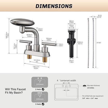 Bathroom Sink Faucet 3 Hole Brushed Nickel 4 Inch Centerset，4 Modes Waterfall Bathroom Faucet 2 Handle with 360° Swivel Spout & Pop Up Drain