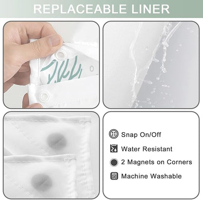 No Hook Shower Curtain and Liner Set, Green Beach Coastal 71x74 | Nautical Ocean for Bathroom, with Snap in Liner Replacement, Mesh Top Window, Waterproof, Machine Washable, Quick-Drying