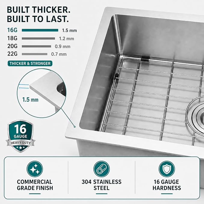 Kitsitchen RV Kitchen Sink,16 Gauge T304 Stainless Steel Undermount Kitchen Sinks, 23" x 16" x 7" Single Bowl Drop In Kitchen Sinks with Accessories,7 inch Deep for Outdoor Camper RV Sink