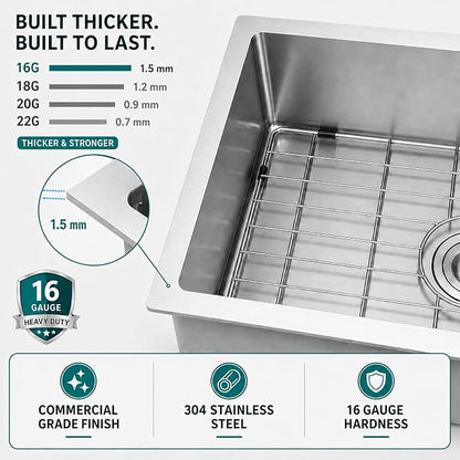 Kitsitchen RV Kitchen Sink,16 Gauge T304 Stainless Steel Undermount Kitchen Sinks, 23" x 16" x 7" Single Bowl Drop In Kitchen Sinks with Accessories,7 inch Deep for Outdoor Camper RV Sink