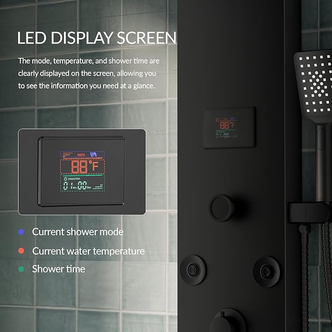 Black Shower Panel Tower System Stainless Steel LED Rainfall Waterfall Shower Head 5-Function Faucet Rain Massage System Wall Mount with 8 Body Jets, Handheld, and Tub Spout