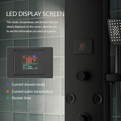 Black Shower Panel Tower System Stainless Steel LED Rainfall Waterfall Shower Head 5-Function Faucet Rain Massage System Wall Mount with 8 Body Jets, Handheld, and Tub Spout