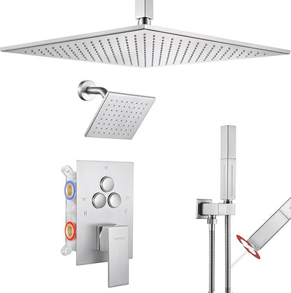 VANFOXLE Shower Faucet Set Brushed Nickel Shower System,Shower Faucet with 2 in 1 Handheld,Ceiling Mount 16 Inch Shower Head+6 Inch Shower Head(Rough-in Valve Body and Trim)