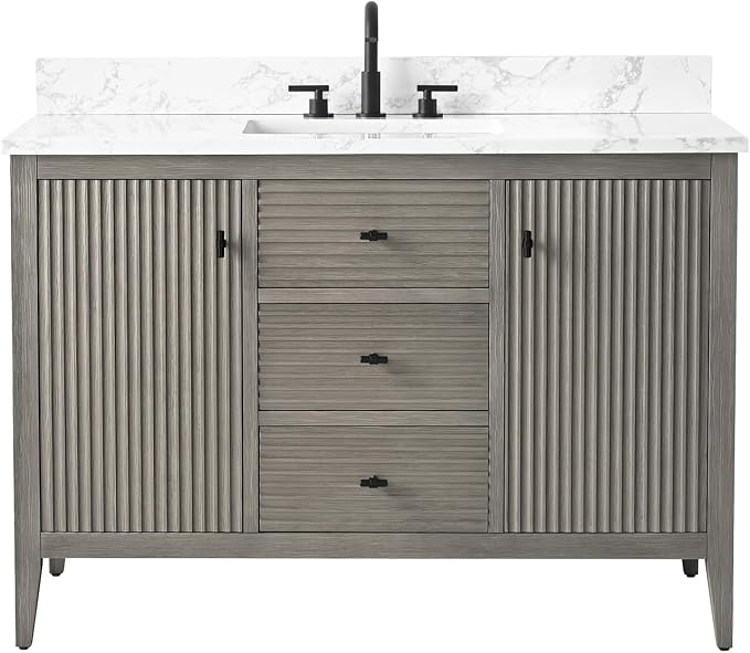 Vanity Art 48 inch Bathroom Vanity with Single Sink & Ceramic Top, Vanity Cabinet with Soft-Closing Door, Solid Wood Frame, Linear Pattern, Driftwood Gray, VA9148-DG-MB,Matte Black Handles