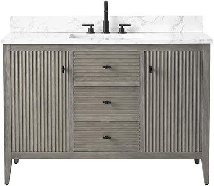 Vanity Art 48 inch Bathroom Vanity with Single Sink & Ceramic Top, Vanity Cabinet with Soft-Closing Door, Solid Wood Frame, Linear Pattern, Driftwood Gray, VA9148-DG-MB,Matte Black Handles