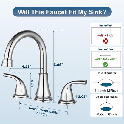 Polish Chrome Widespread Bathroom Sink Faucet, 3 Hole 8 Inch | Modern Bathroom Faucet 3-Hole,2 Handles,Pop-Up Drain & Supply Lines,Deck Mount Vanity Faucet,1.2 GPM,SUS304 Stainless Steel