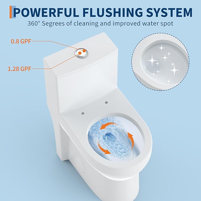 One Piece Toilet with 17" ADA Height, Round Bowl Design, Soft Closing PP Toilet Cover, Easy Clean Surface, Water Efficient Flush