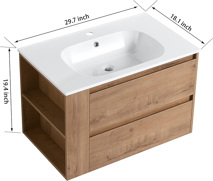 Henf Modern 30" Wall Mounted Bathroom Vanity with White Gel Sink, 2 Soft Close Drawers & Open Storage Shelf, Oak