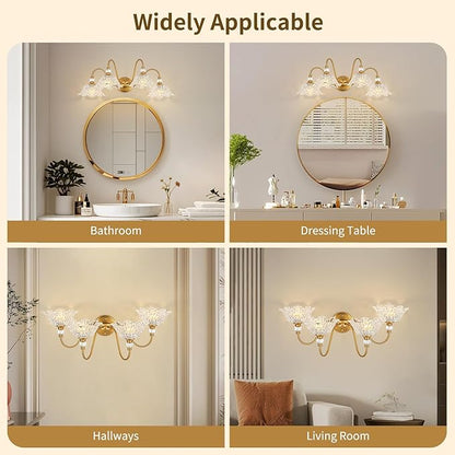 Vintage Matte Brass Finish Bathroom Vanity Light, 4-Light Vanity Light with Floral Glass Shades, Retro Wall Mount Lighting for Bathroom, Dressing Table
