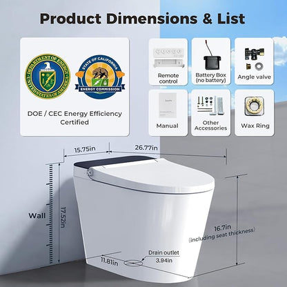 Smart Toilet with Bidet Built in Tank, Auto Open Close Lid, 12" Rough In, Heated Seat Foot Sensor, Rear & Feminine Wash Warm Water Air Dryer Self Cleaning, One-Piece Elongated (ZY695A)