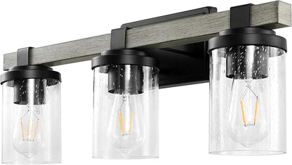 JONATHAN Y 22.75" Black/Gray Oak Wood Finish LED Vanity Light, Rustic Farmhouse Sconce, Clear Seeded Glass Shade, Industrial Wall Lamp for Bathroom Mirror, Kitchen Sink, LED Bulb (JYL7509B)