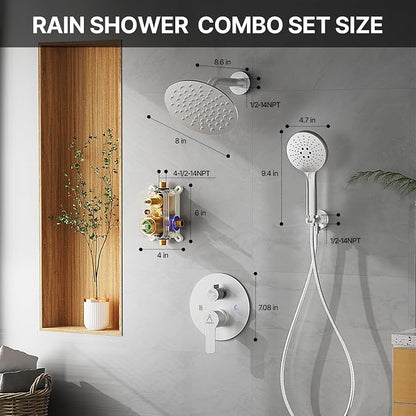 Shower Faucet Set 8IN Brass Rough-In Valve Body Trim Kit Rainfall Included Handle Accessories Complete 2 Functions with Rain Head and Handheld Bathroom Systems (8'', Brushed Nickel)