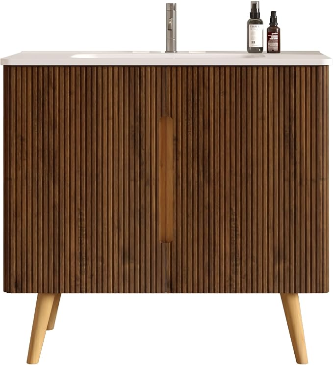 36" Modern Bathroom Vanity with Sink, Mid Century Modern Walnut Bathroom Cabinet with 2 Soft Close Doors, Large Storage with Adjustable Shelf
