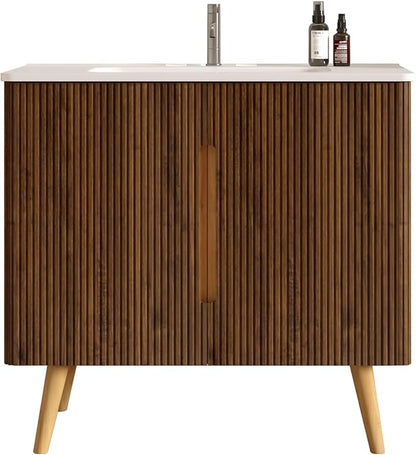 36" Modern Bathroom Vanity with Sink, Mid Century Modern Walnut Bathroom Cabinet with 2 Soft Close Doors, Large Storage with Adjustable Shelf