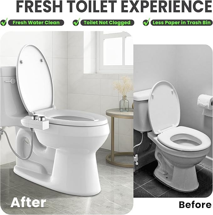 Toilet Bidet With Left/Right Side Reversible Design, Fresh Water, Non-Electric, Toilet Bidet Attachment, Right/Left Hand Side with Dual Nozzle, Self-Clean, Includes Extended Screws (Chrome)