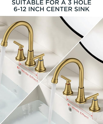 FORIOUS Gold Bathroom facuet 3 Hole, 8 inch Brushed Gold Bathroom Sink Faucet Widespread with 360° Swivel Spout and Spare Water-Saving Aerator and Drain, 3 Piece Vanity Tap for Restroom Upgrade