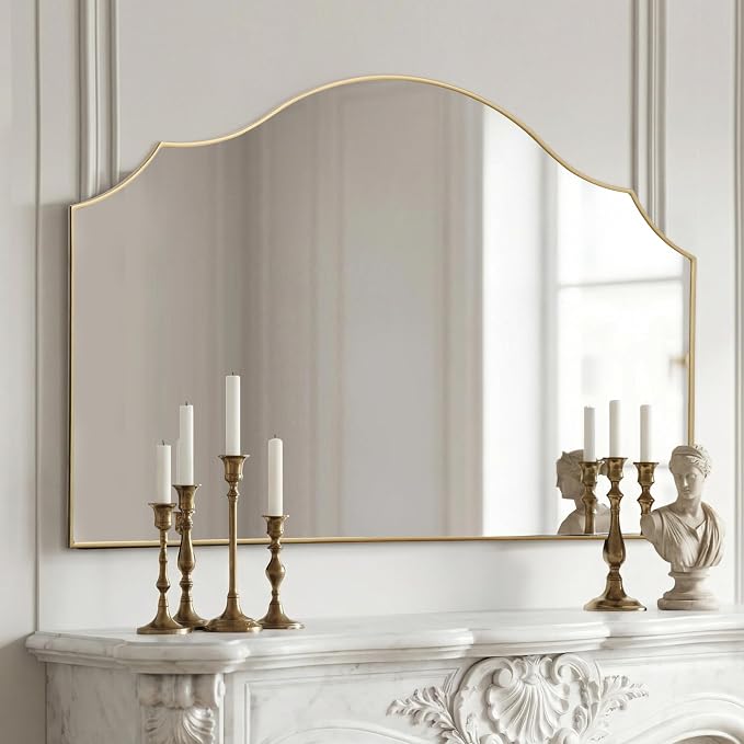 Besdomus Gold Scalloped Wall Mirror: 47"x31" Large Wooden Fireplace Mirror | Modern Minimalist Decorative Arched Mirror for Vanity/Dresser/Bedroom/Entryway/Bathroom/Living Room/Dining Room/Over Sink