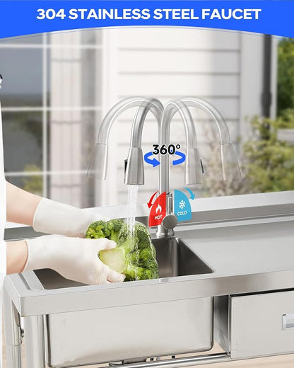 Free Standing Utility Sink, 39" Single Bowl Stainless Steel Commercial Sink with Drawers, Cold and Hot Water Pipe & Workbench, for Kitchen, Laundry | Commercial Sink with Drawers, Cold and Hot Water Pipe & Workbench, for Kitchen, Laundry