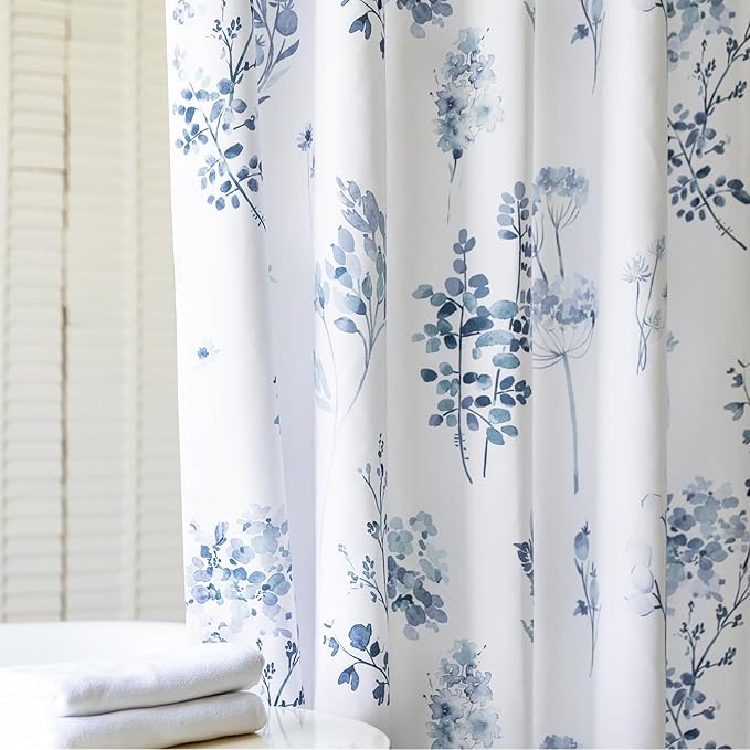 Navy Blue and White Floral Shower Curtain,Waterproof Fabric Watercolor Pattern Preppy Boho Farmhouse Style Ocean Theme Nautical Shower Curtains for Bathroom Set with Hooks 72X72