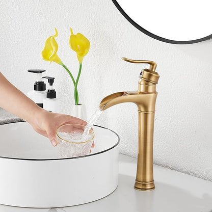 Antique Brass Waterfall Bathroom Faucet GGStudy Single Handle One Hole Farmhouse Bathroom Vessel Sink Faucet Matching with Pop Up Drain
