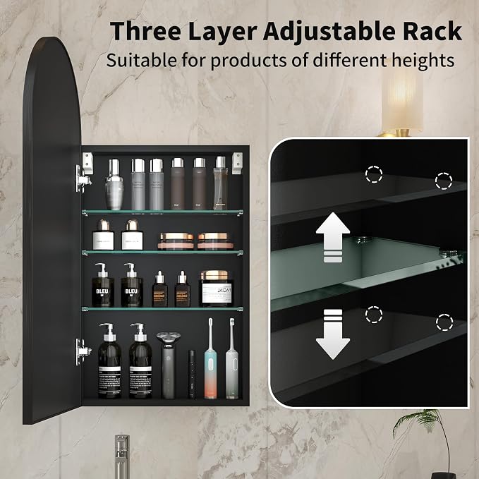 16 x 32 Black Bathroom Medicine Cabinet with Mirror,Arched Medicine Cabinet with Mirror,Assembly Required,Bathroom Mirror with Storage,Wall Mounted Medicine Cabinets with Adjustable Shelves