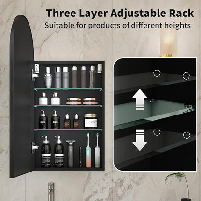 16 x 32 Black Bathroom Medicine Cabinet with Mirror,Arched Medicine Cabinet with Mirror,Assembly Required,Bathroom Mirror with Storage,Wall Mounted Medicine Cabinets with Adjustable Shelves