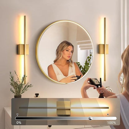 Wall Sconces Set of Two, LED Dimmable Sconces Wall Lighting, Brushed Gold Modern Wall Sconce Light for Bathroom, Living Room, Bedroom, Hardwi
