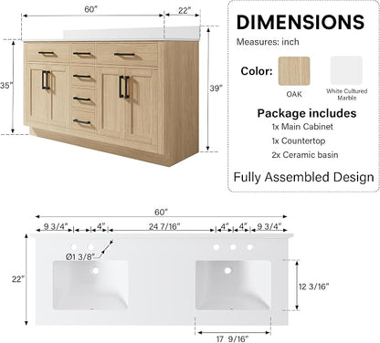 60-Inch Bathroom Vanity with Double Sinks W/ 4 Doors & 4 Drawers & 2 Flip Drawers, Oak Vanity W/Matte Black Handles
