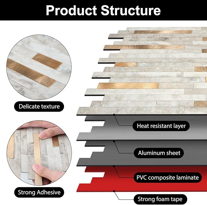 KASARO 6-Sheet Peel and Stick Backsplash Tiles for Kitchen, Marble Beige with Vintage Golden Embellished Stripes, Self-Adhesive Aluminum Wall Tile Stick on Bathroom, Fireplace, RV