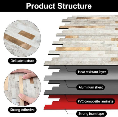 KASARO 6-Sheet Peel and Stick Backsplash Tiles for Kitchen, Marble Beige with Vintage Golden Embellished Stripes, Self-Adhesive Aluminum Wall Tile Stick on Bathroom, Fireplace, RV
