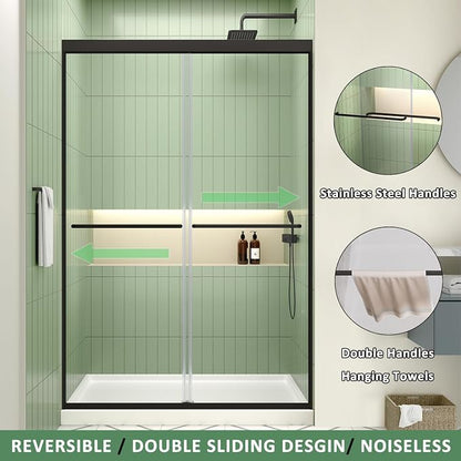 ACE DECOR Double Sliding Shower Door, 56-60" W x 70" H, Matte Black Finish | Bypass Semi-Frameless Shower Doors, 6mm Clear SGCC Tempered Glass, Easy-Clean Nano Coating&Leak-proof&Reversible Installation