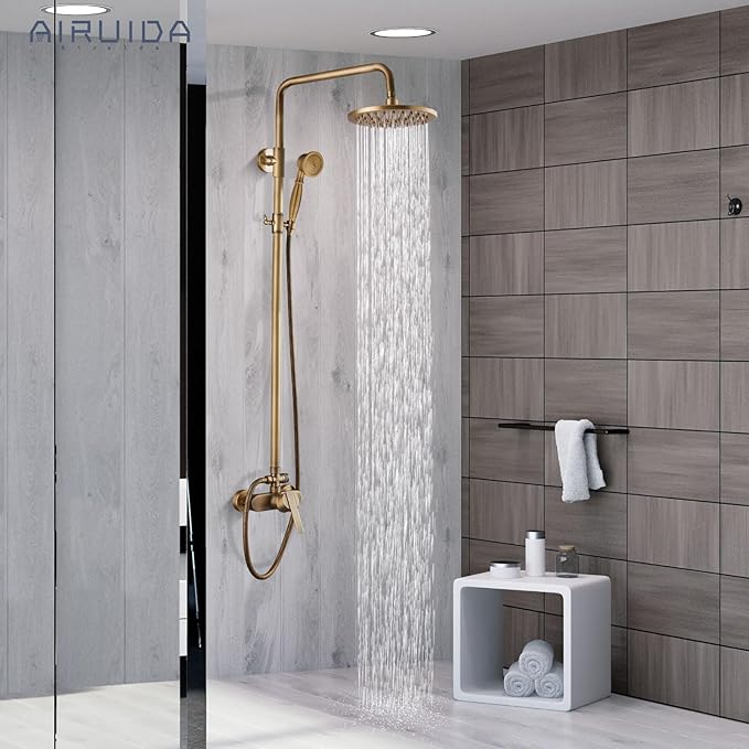 Airuida Exposed Shower System, 8 Inch Rainfall Shower Head with Handheld Spray, Single Handle Wall Mount Shower Faucet Set, Solid Brass Dual Function Exposed Pipe Fixture for Bathroom,Antique Brass