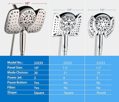 Rain Shower Head with Filtered Handheld Spray Combo Nickel 2.5 GPM | 10” Rainfall Showerhead with 9-Spray Detachable Handheld, High Pressure, ON/OFF Switch, 15-Stage Filter, Jet for Cleaning