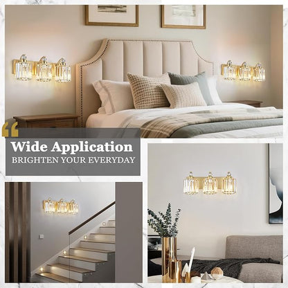 3-Lights Brushed Brass Bathroom Light Fixture Gold Vanity Lights Modern Crystal Bathroom Vanity Lighting Over Mirror Wall Sconce with K9 Crystal Shade E26 Base for Living Room, Bedroom Wall Lamp