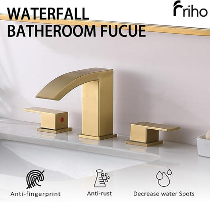 Friho Gold Waterfall Bathroom Faucets 3 Hole, 8 inch Widespread Square Bathroom Sink Faucet with Metal Pop-up Drain and Supply Lines, Two Handles for Vanity, Rv, Commercial, Restroom