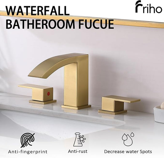 Friho Gold Waterfall Bathroom Faucets 3 Hole, 8 inch Widespread Square Bathroom Sink Faucet with Metal Pop-up Drain and Supply Lines, Two Handles for Vanity, Rv, Commercial, Restroom