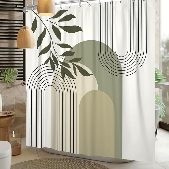 Boho Sage Green Shower Curtain Mid Century Modern Abstract Plant Botanical Bathroom Curtain Minimalist Neutral Geometric Arch Bath Decor Polyester Set with Hooks 72x78 inch