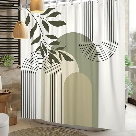 Boho Sage Green Shower Curtain Mid Century Modern Abstract Plant Botanical Bathroom Curtain Minimalist Neutral Geometric Arch Bath Decor Polyester Set with Hooks 72x84 inch